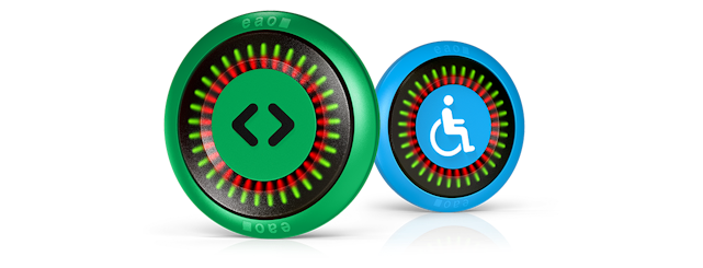 Serie 57 Türöffnertaste grün und Drucktaste blau mit Rollstuhl-Symbol